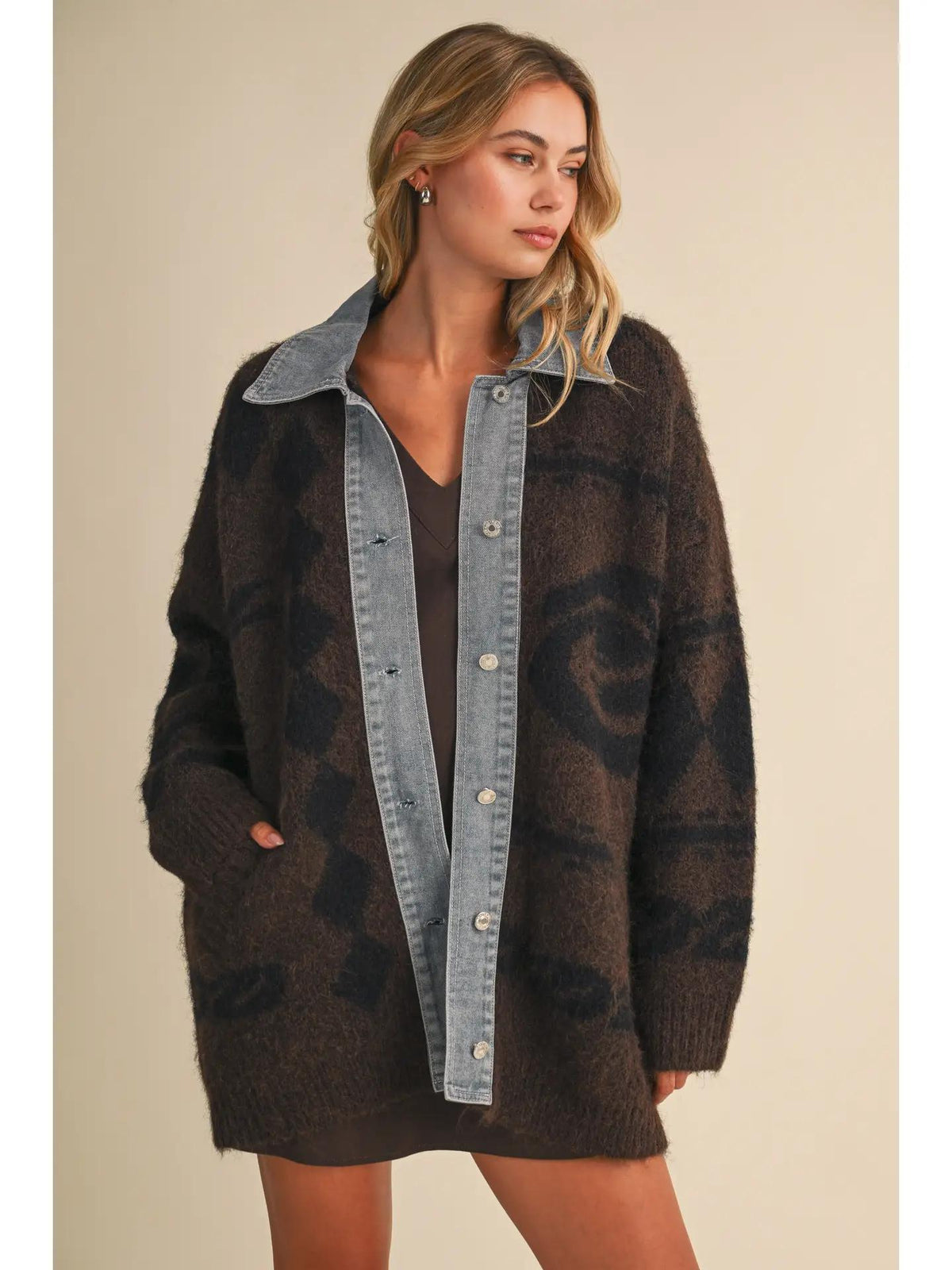Denim Contrast Pattern Sweater Cardigan