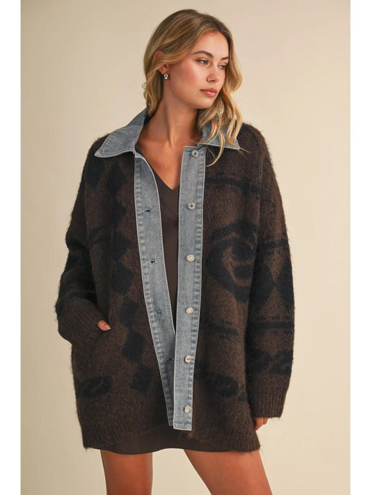 Denim Contrast Pattern Sweater Cardigan