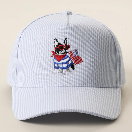 French Bulldog Holding USA Flag Seersucker Trucker Hat