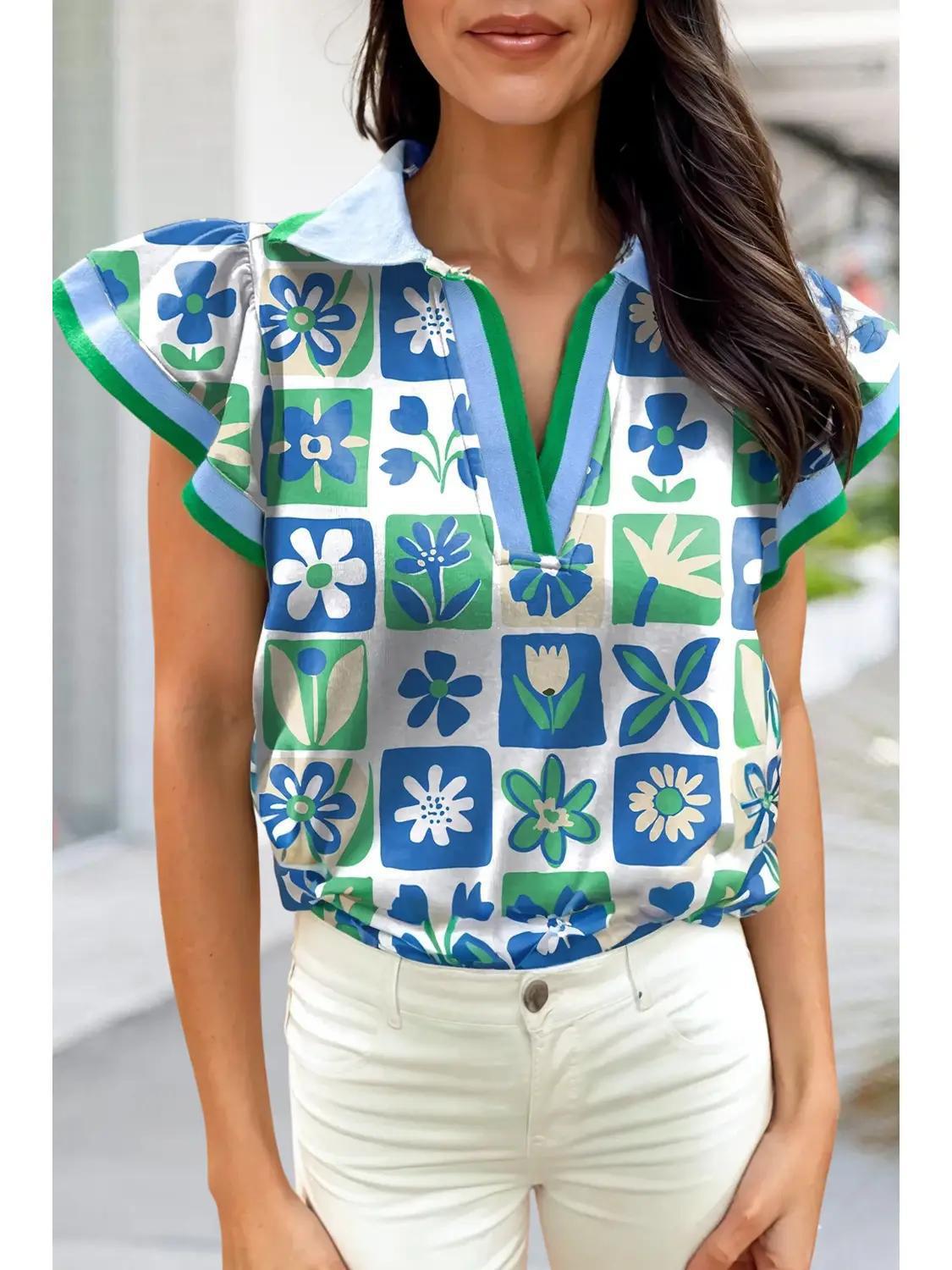 Floral Plaid V Neck Blouse