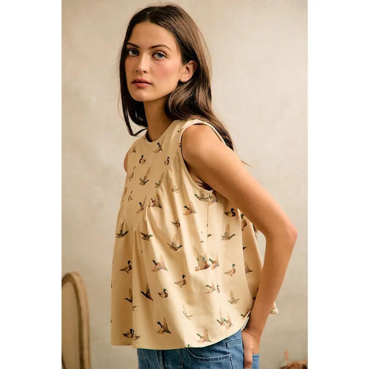 Mallard Duck Print Cotton Twill Wash Shirred Tank Top