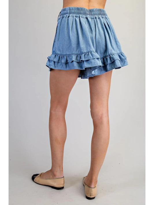 Denim Drawstring Ruffle Tiered Shorts