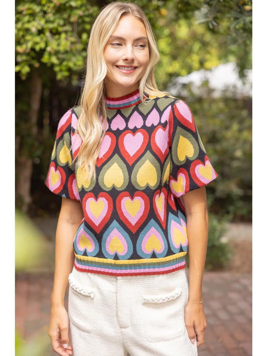 Short Bubble Sleeve Heart Print Knit Top