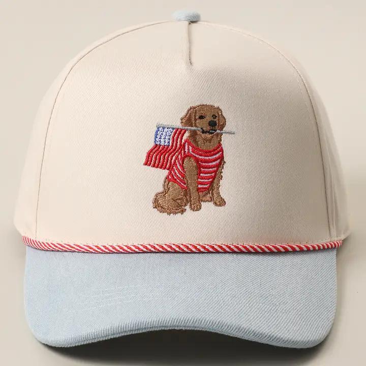 Golden Retriever Holding USA Flag  Trucker Hat