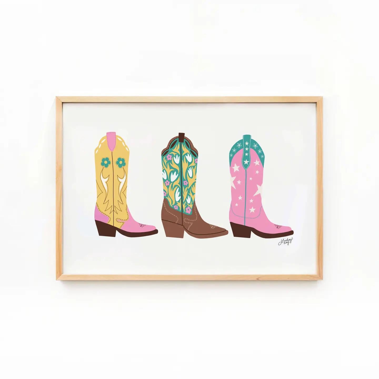 Cowboy Boots Illustration (Pink/Teal) - Art Print