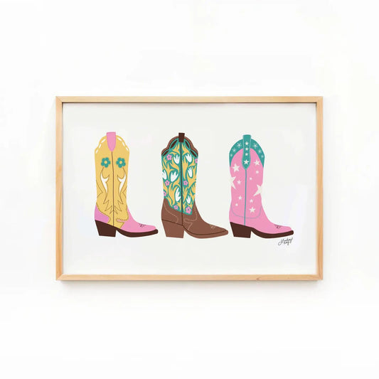 Cowboy Boots Illustration (Pink/Teal) - Art Print