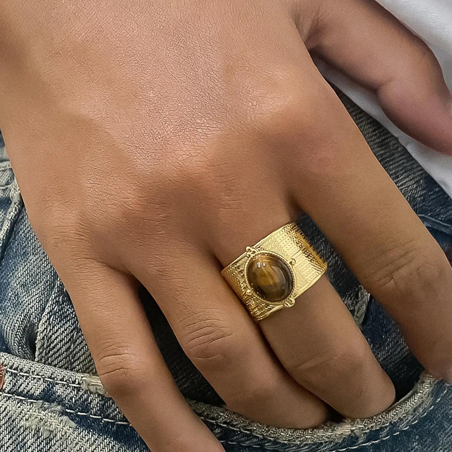 Oasis 18K Gold Non-Tarnish Stone Bold Adjustable Ring