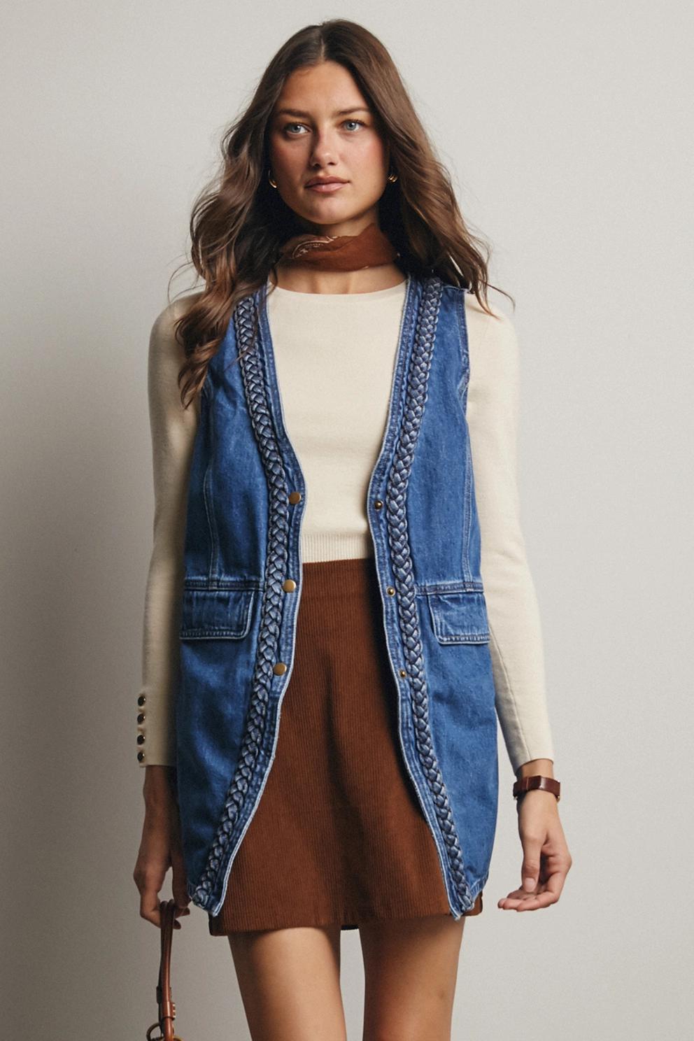 Braided Trim Denim Vest