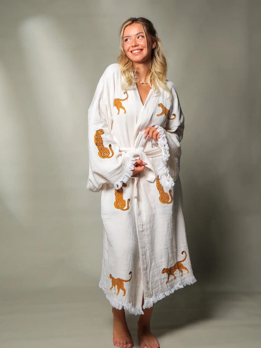Long Tiger Kaftan Kimono Robe- White&Brown