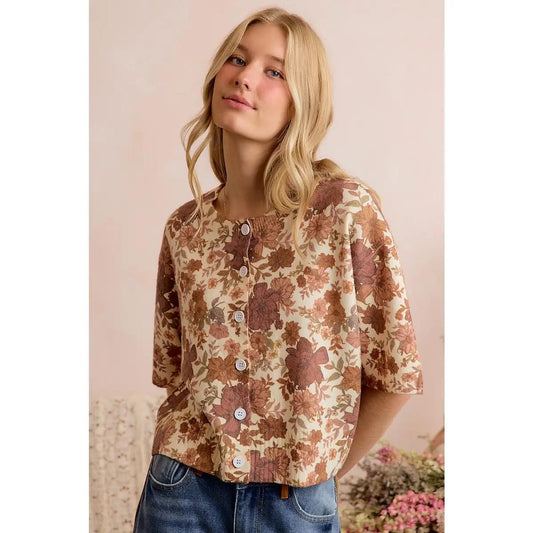 Floral Print Button Front Sweater Vest