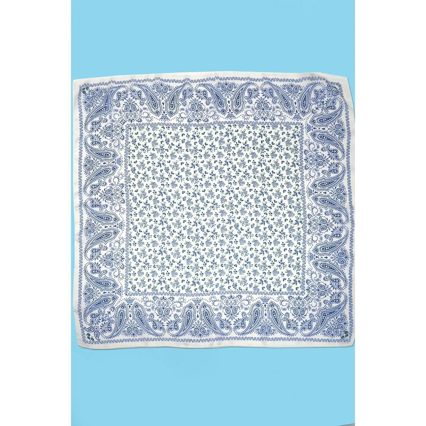 Large Floral Toile Print Bandana Scarf- Blue