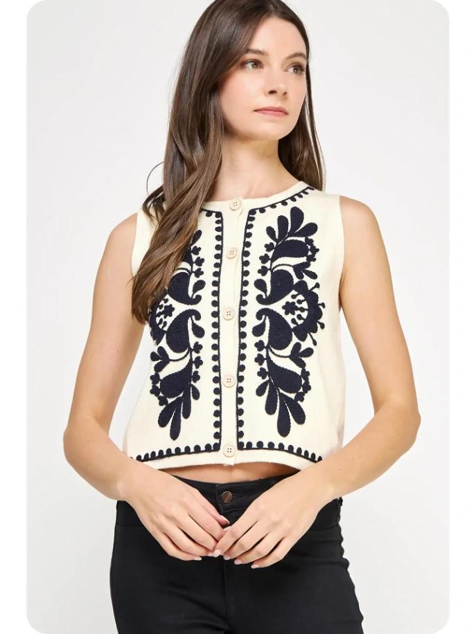 Embroidered Sleeveless Knitted Vest Top