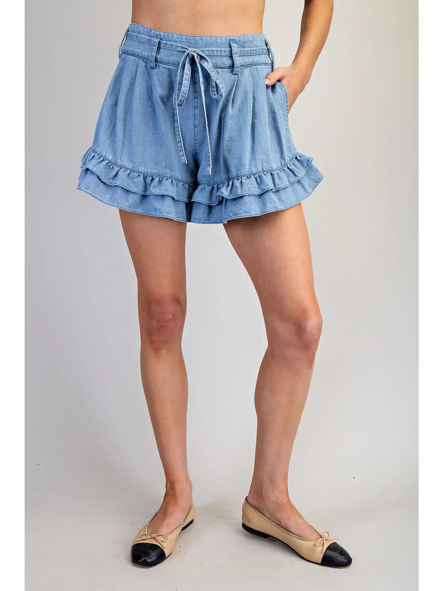 Denim Drawstring Ruffle Tiered Shorts