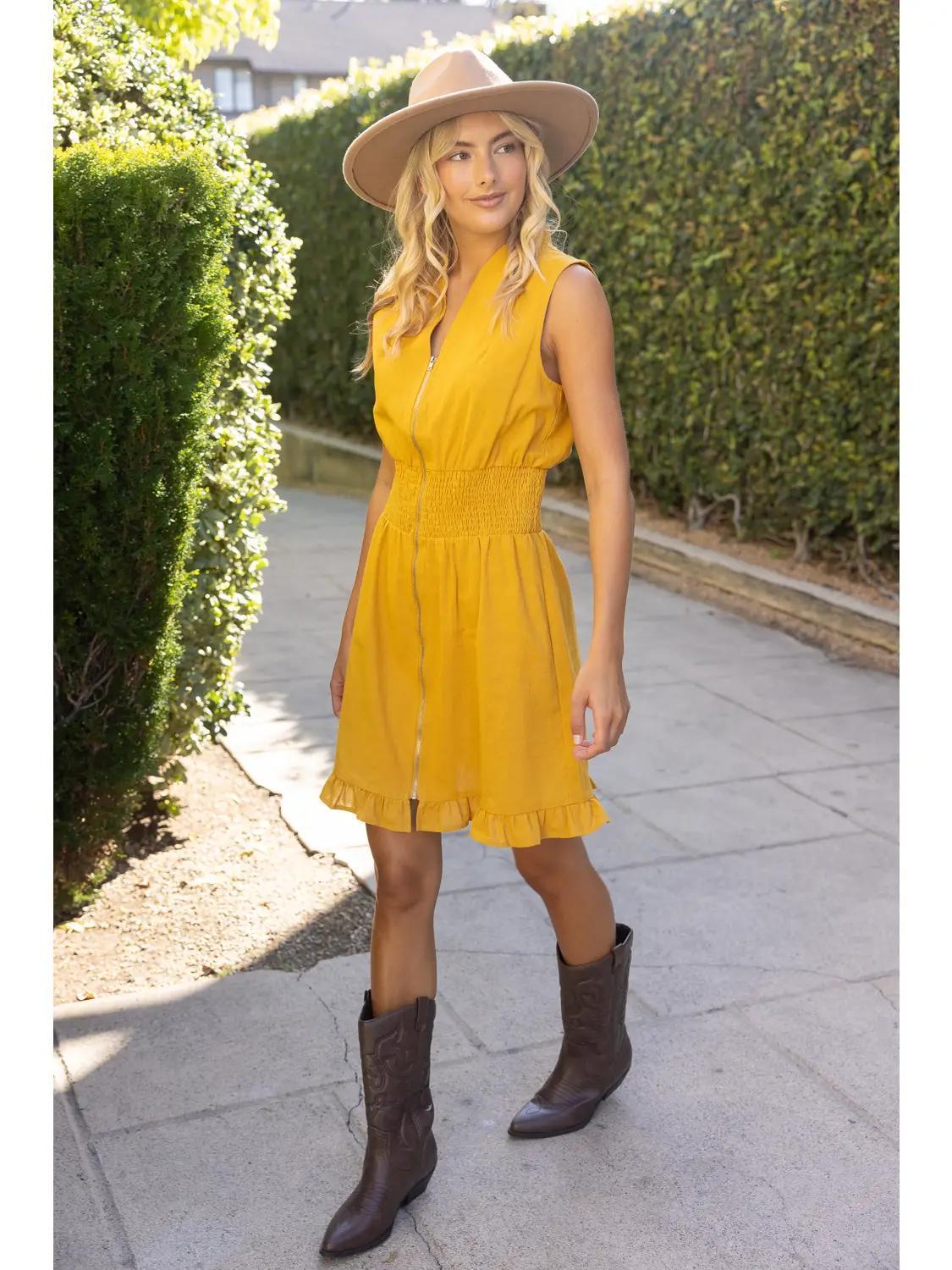 Smocked Waist Zip Up Sleeveless Mini Dress