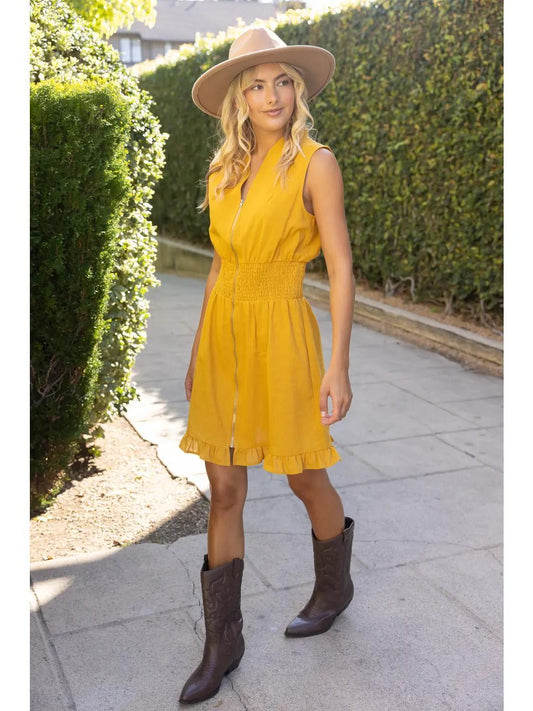 Smocked Waist Zip Up Sleeveless Mini Dress