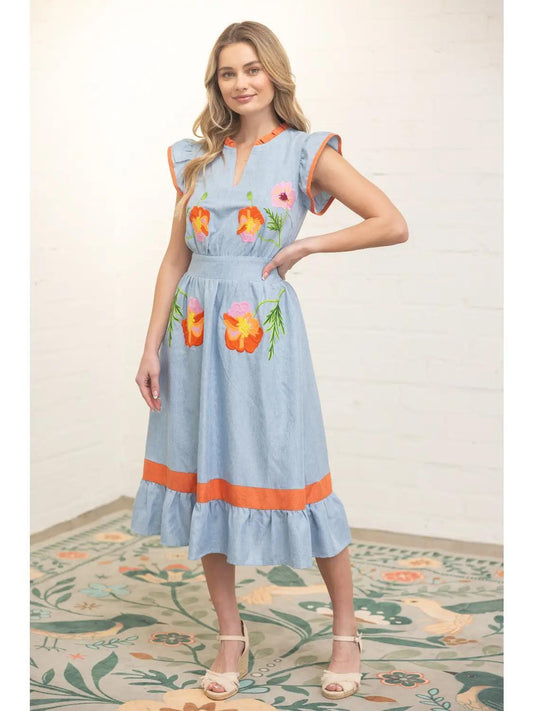 Ruffle Detailed Floral Embroidery Midi Dress