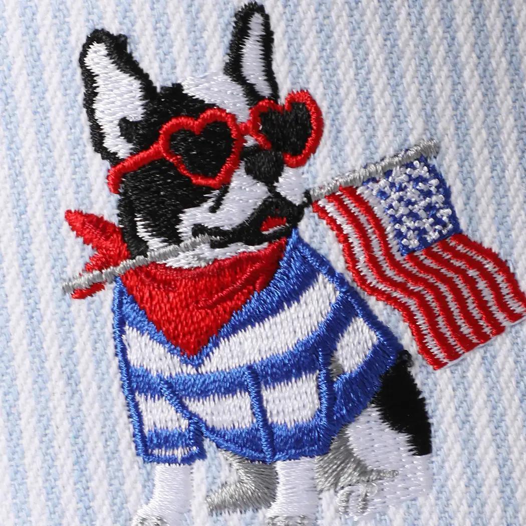 French Bulldog Holding USA Flag Seersucker Trucker Hat