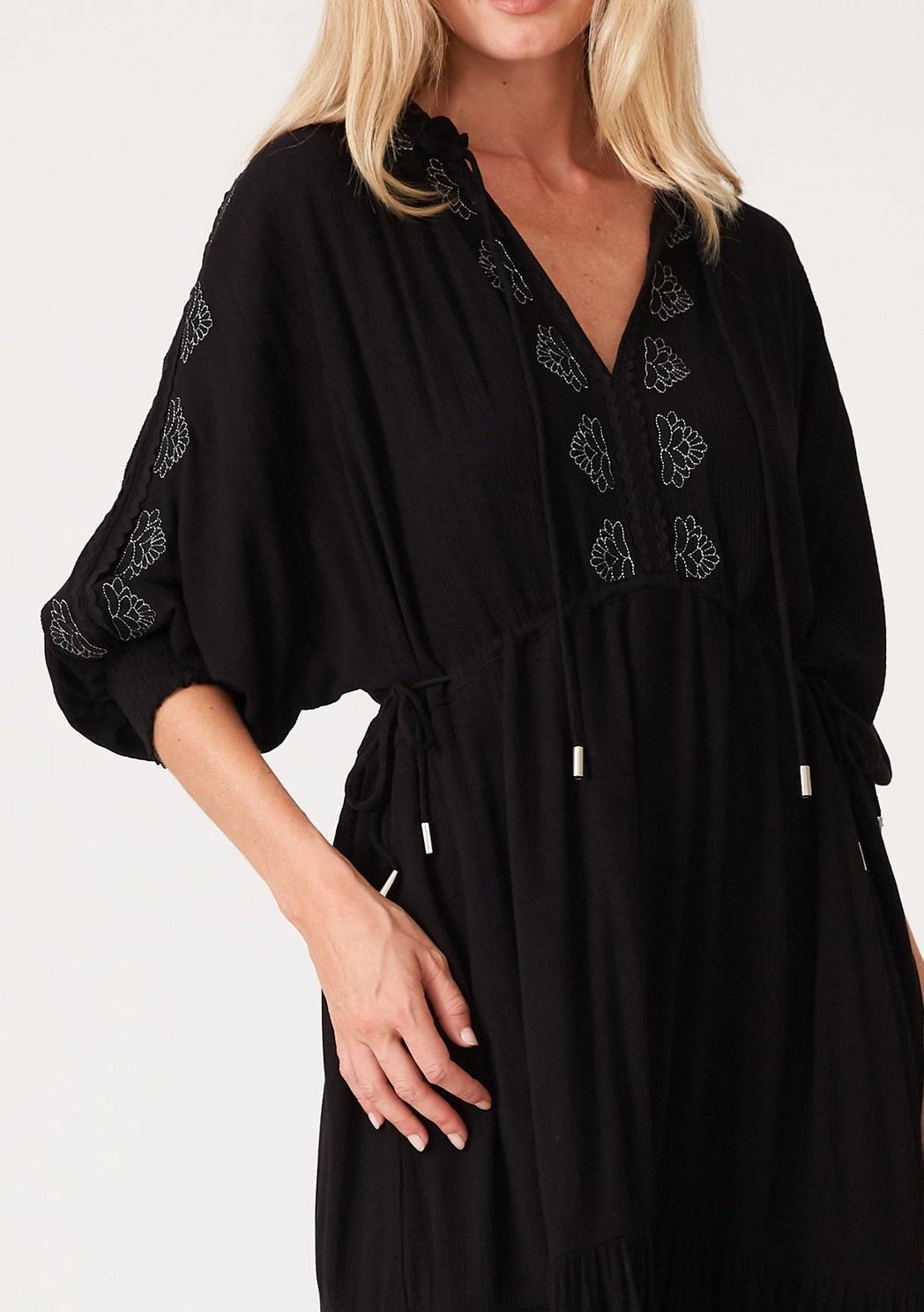 Embroidered Dolman Sleeve Split Neck Maxi Dress