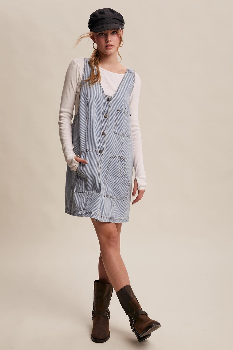 Striped Denim Button-Front Mini Dress