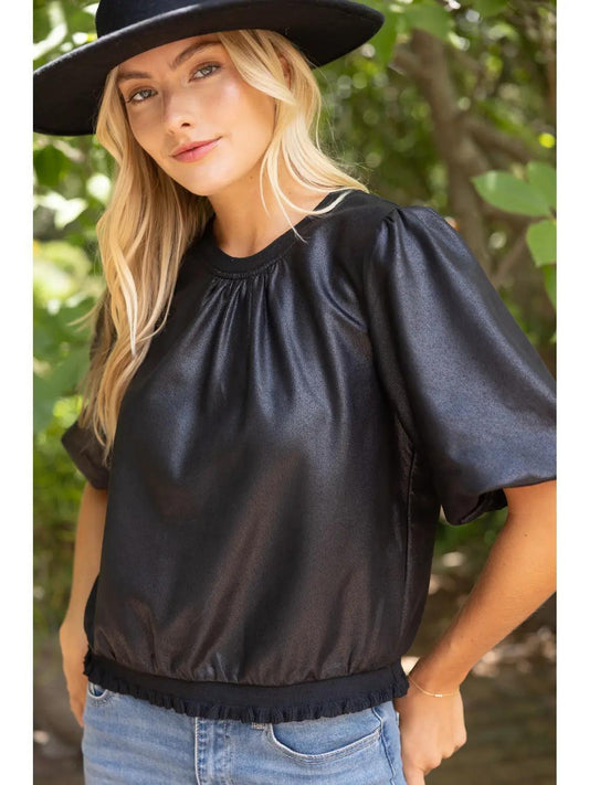 Ribbed Knit Band Solid Faux Leather Top