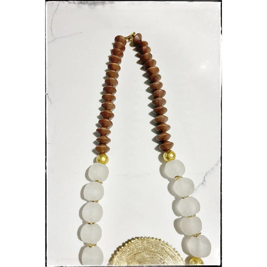 Brass Baule Pendant Necklace w/ Wood & Glass Bead- White