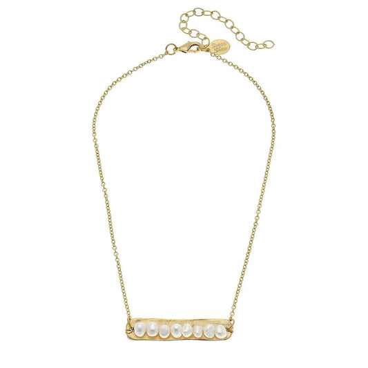 Genuine Freshwater Pearls On Gold Bar Necklace