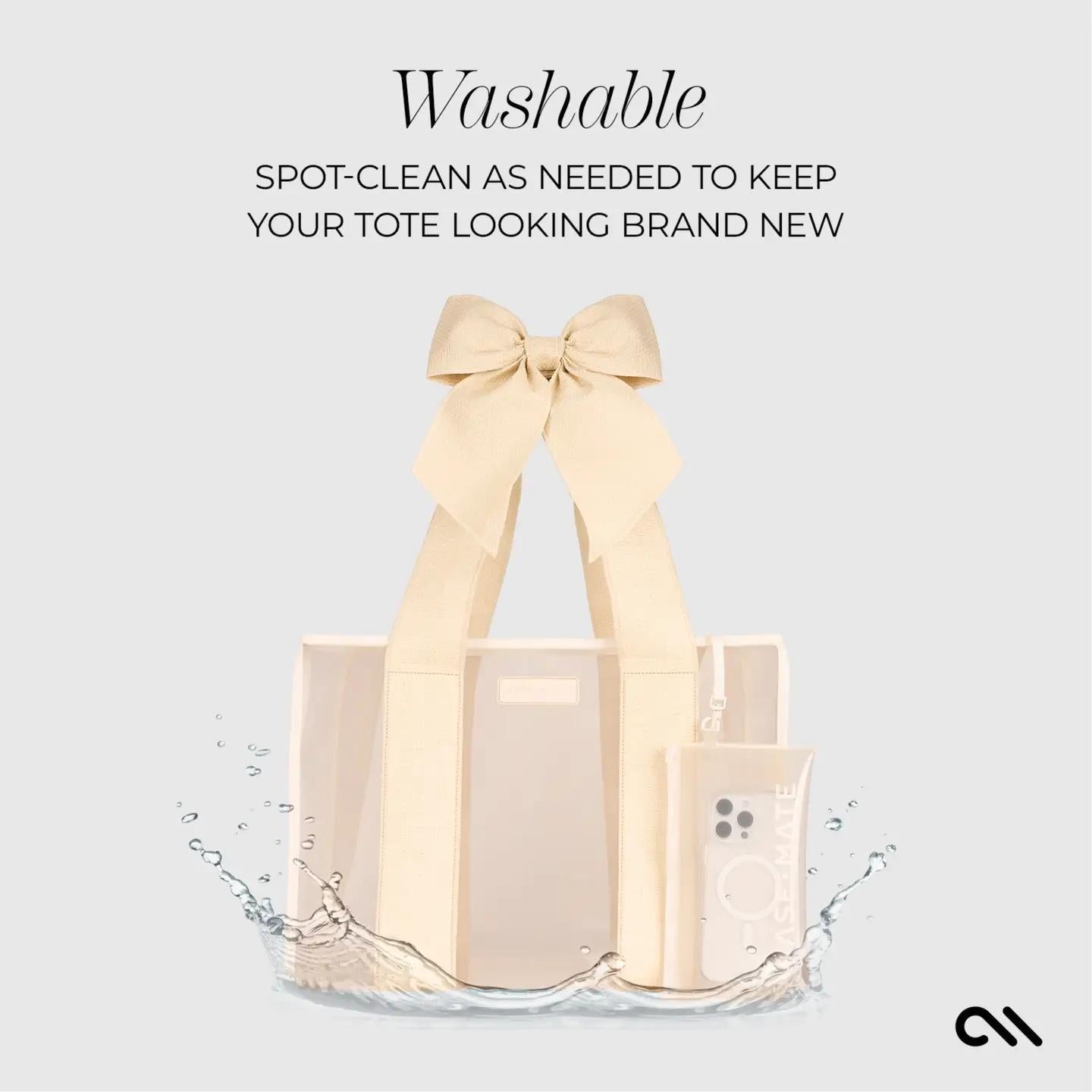 Beige bag sitting in water to showcase waterproof aspect. 