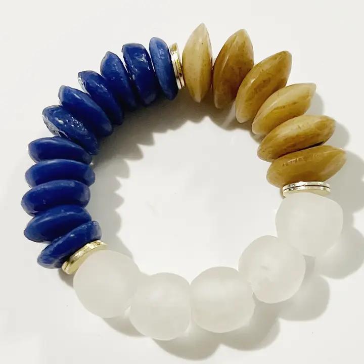 Bone, Blue Ashanti Glass & Recycled Glass Stretch Bracelet