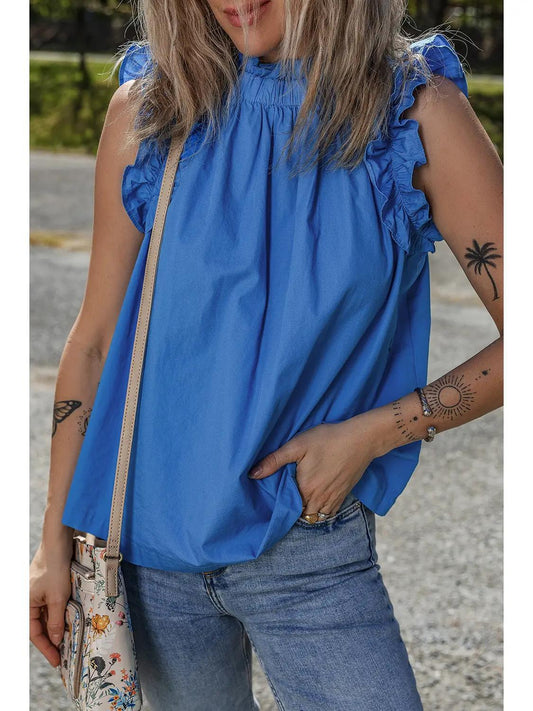 Chic Frilled Neck Ruffled Buttoned Back Tank Top