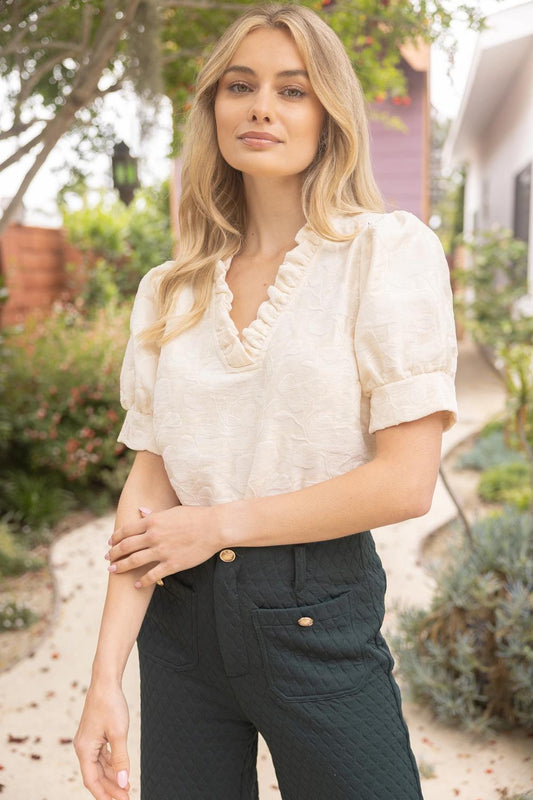 Ruffled V-Neckline Textured Floral Burn Out Top