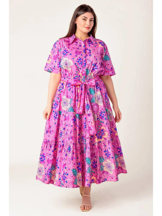 Pink Printed Woven Shirt Midi Dress