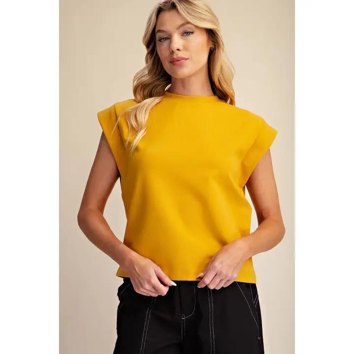 Round Neck Drop Shoulder Pullover Top- Mustard