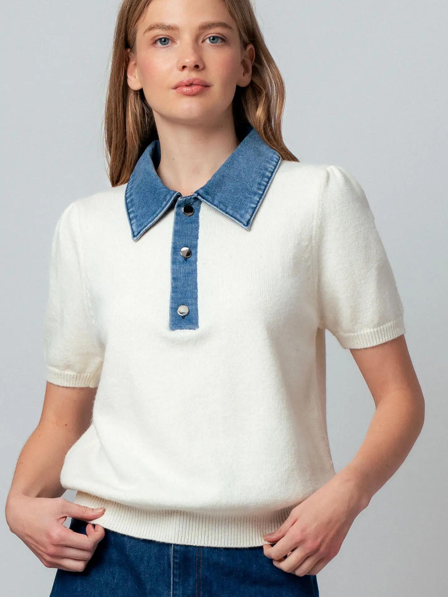 Contrast Denim Collar Knit Sweater Top- Ivory