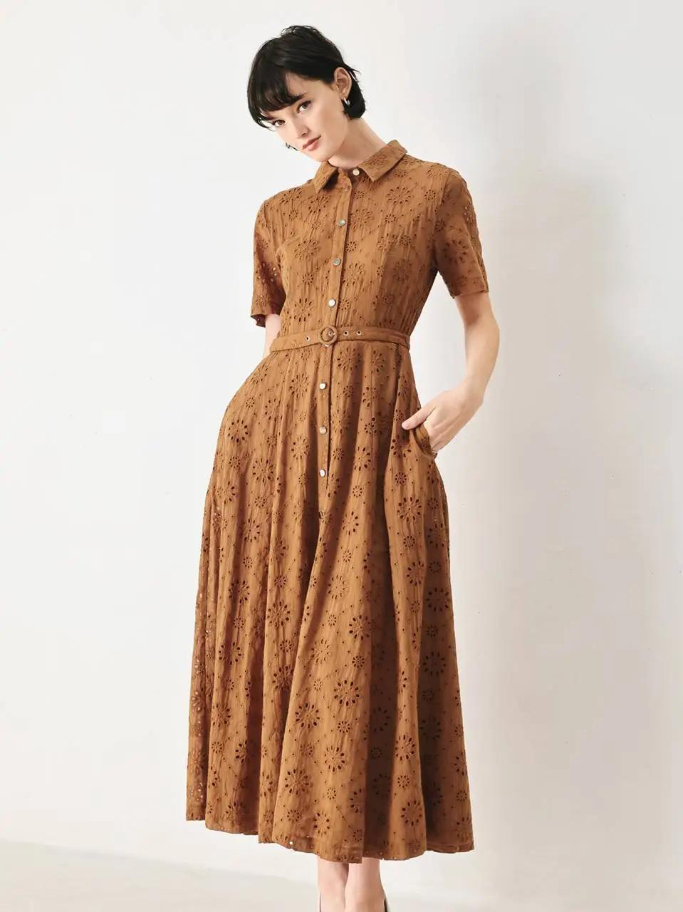 A Solid Woven Eyelet Midi Dress