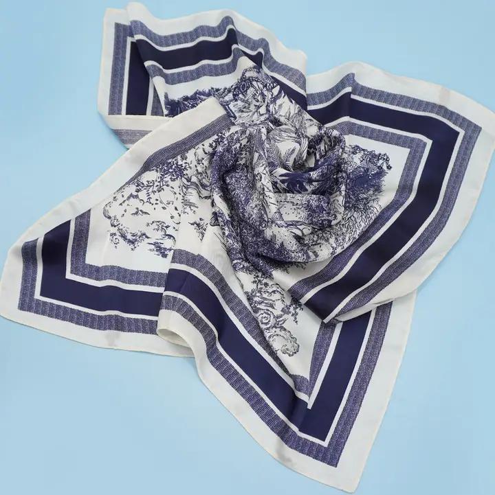 Large Floral Toile Print Bandana Scarf- Navy