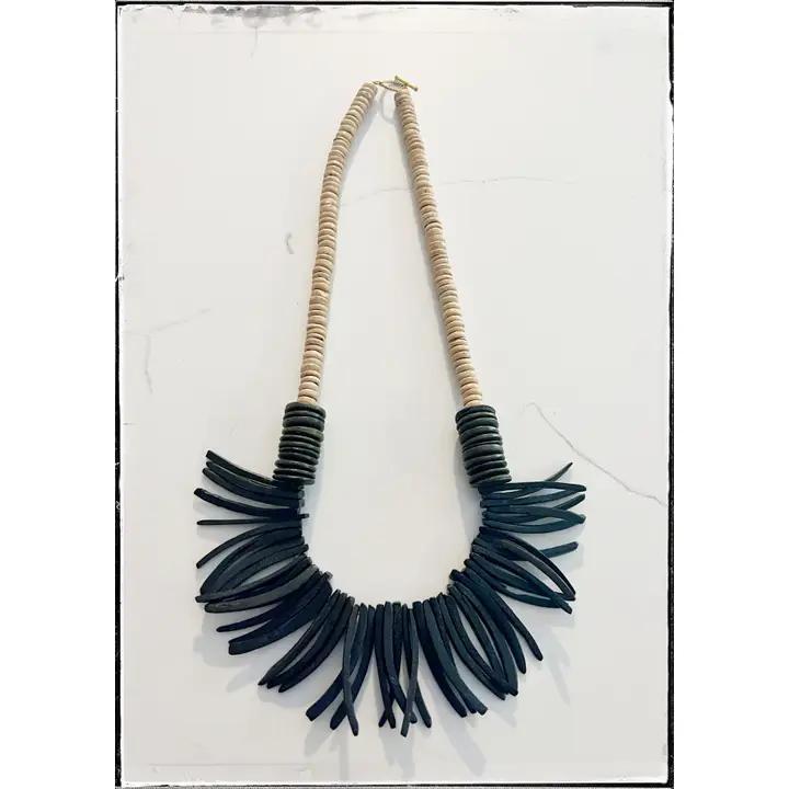 Black & Tan Coconut Wood Stick & Disk Bead Midi Necklace