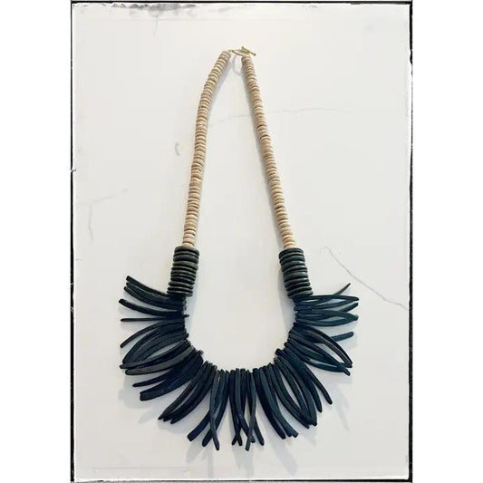 Black & Tan Coconut Wood Stick & Disk Bead Midi Necklace