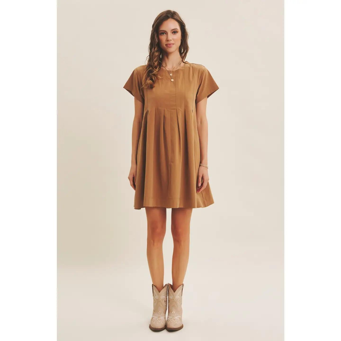 Easygoing Pleated Detail Mini Dress With Pockets