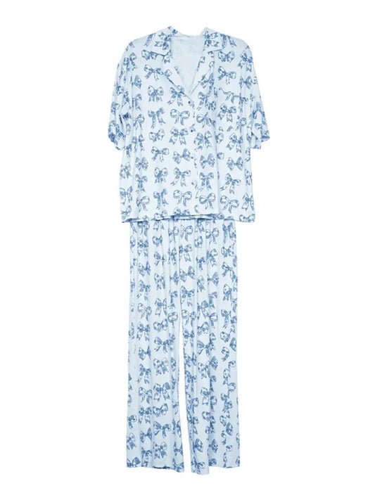 Light Blue Toile Coquette Bows Lounge Pants Set