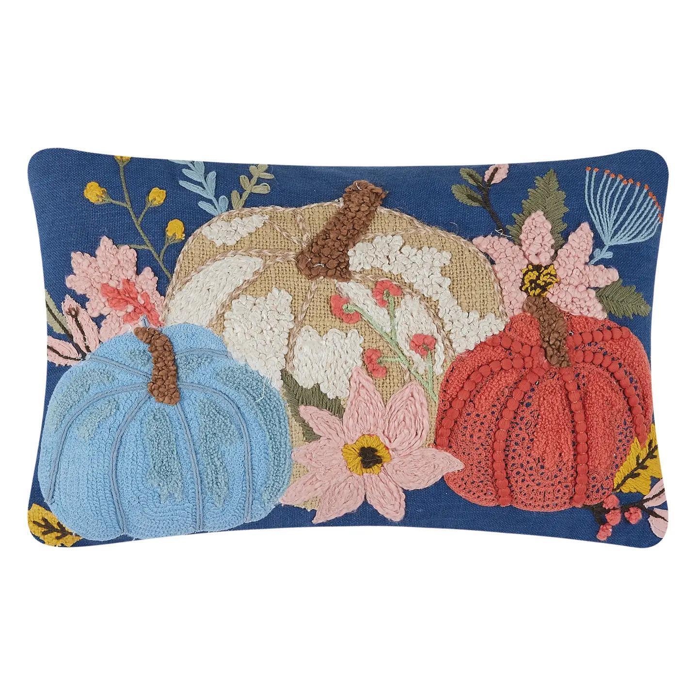 Blue Pumpkin Trio Embroidered Pillow