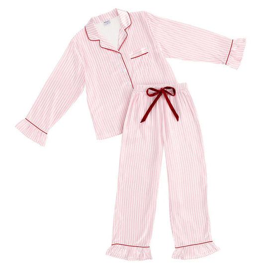 Ruffle Pj Set with Velvet Tie - Pink Stripe