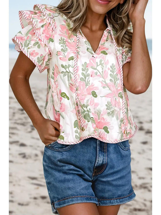Sassy Floral Striped Ruffled Sleeve V Neck Blouse