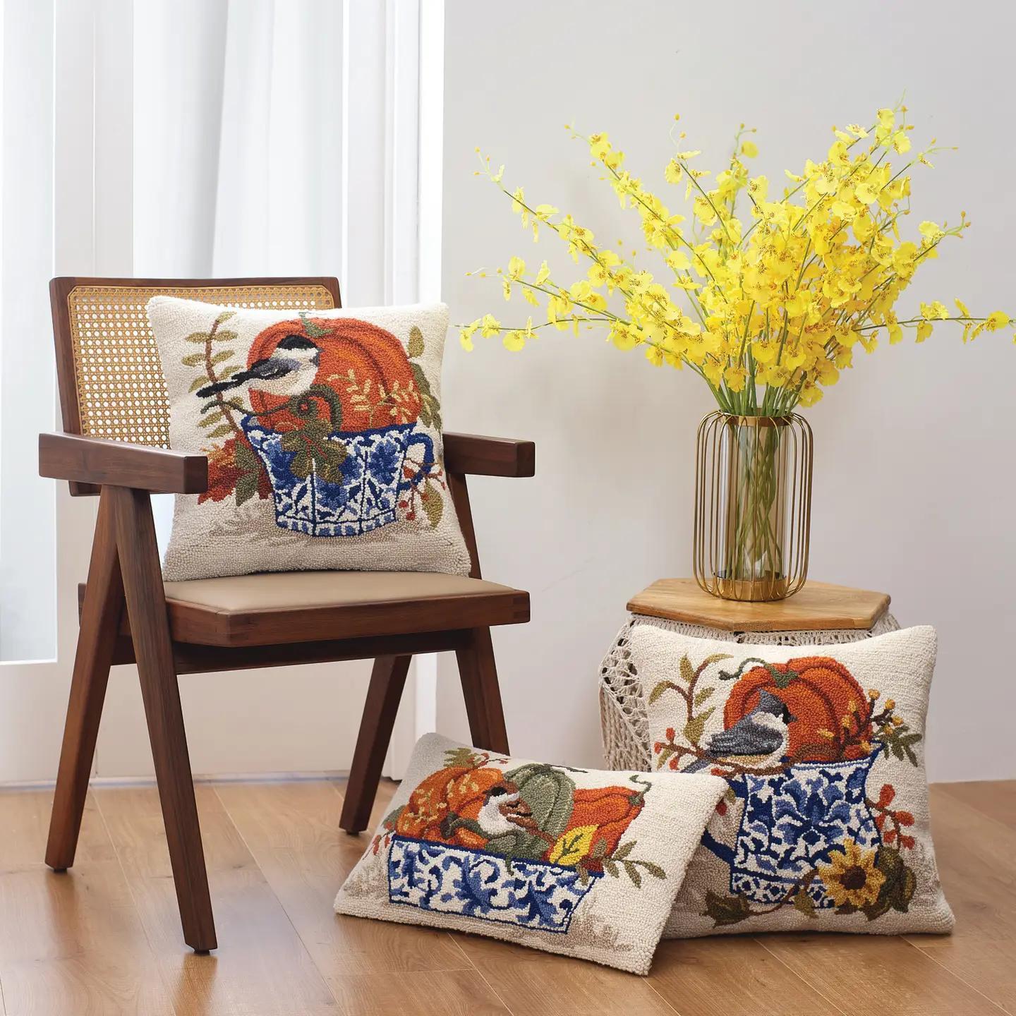 Fall Birds W/Teacups Hook Pillow