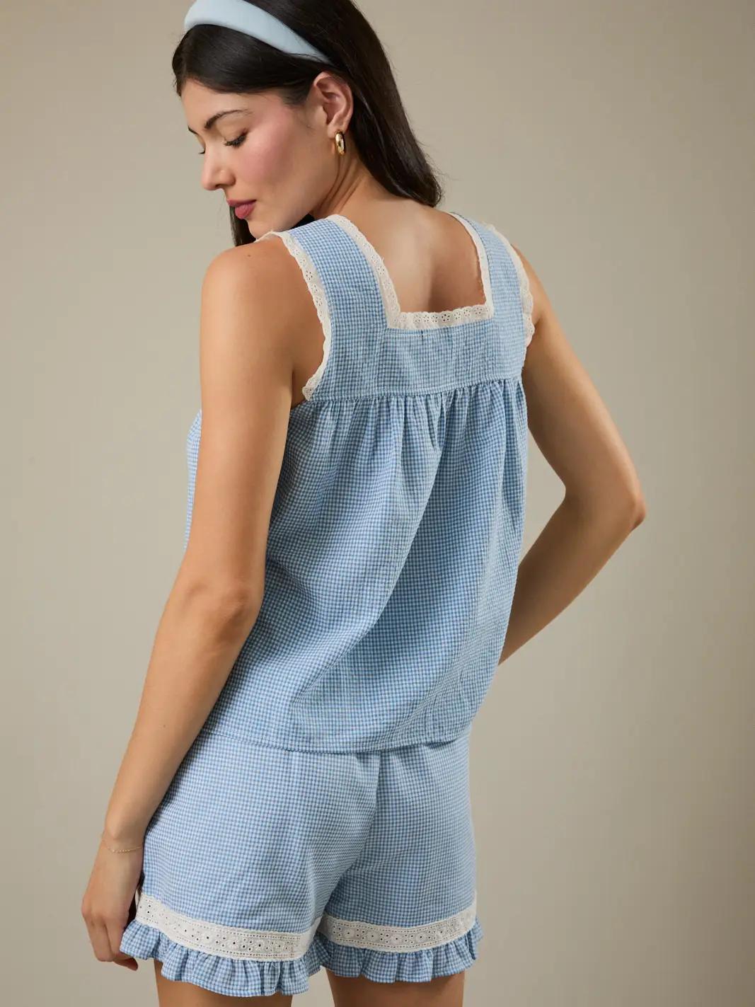 Lace Trim Detail Gingham Top & Ruffled Hem Shorts