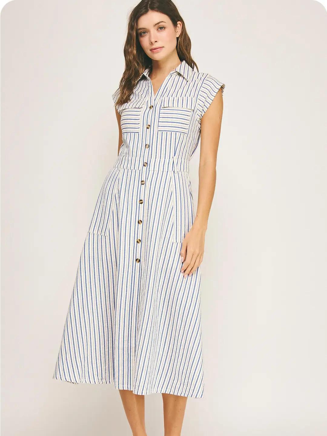 Top-Stitch Sleeveless Stripe Cotton Midi Dress