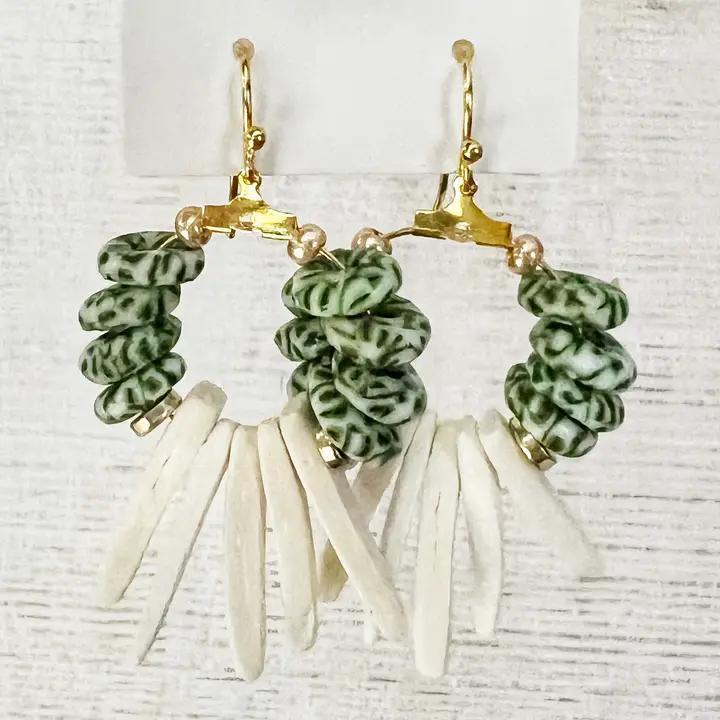 White Coconut Wood & Green Glass Bead Dangle Earrings