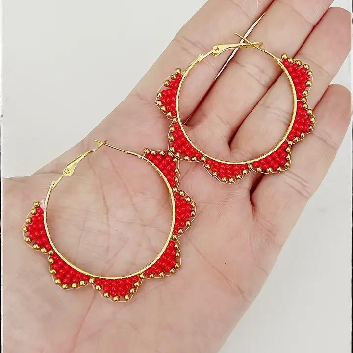 Glass Seed Bead Scalloped Hoop Circle Brass Earrings Red