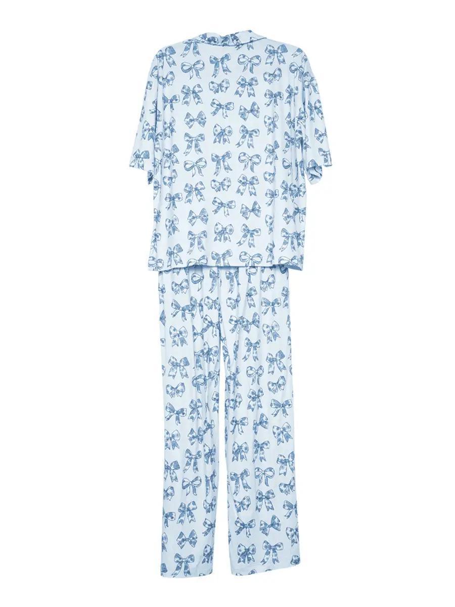 Light Blue Toile Coquette Bows Lounge Pants Set