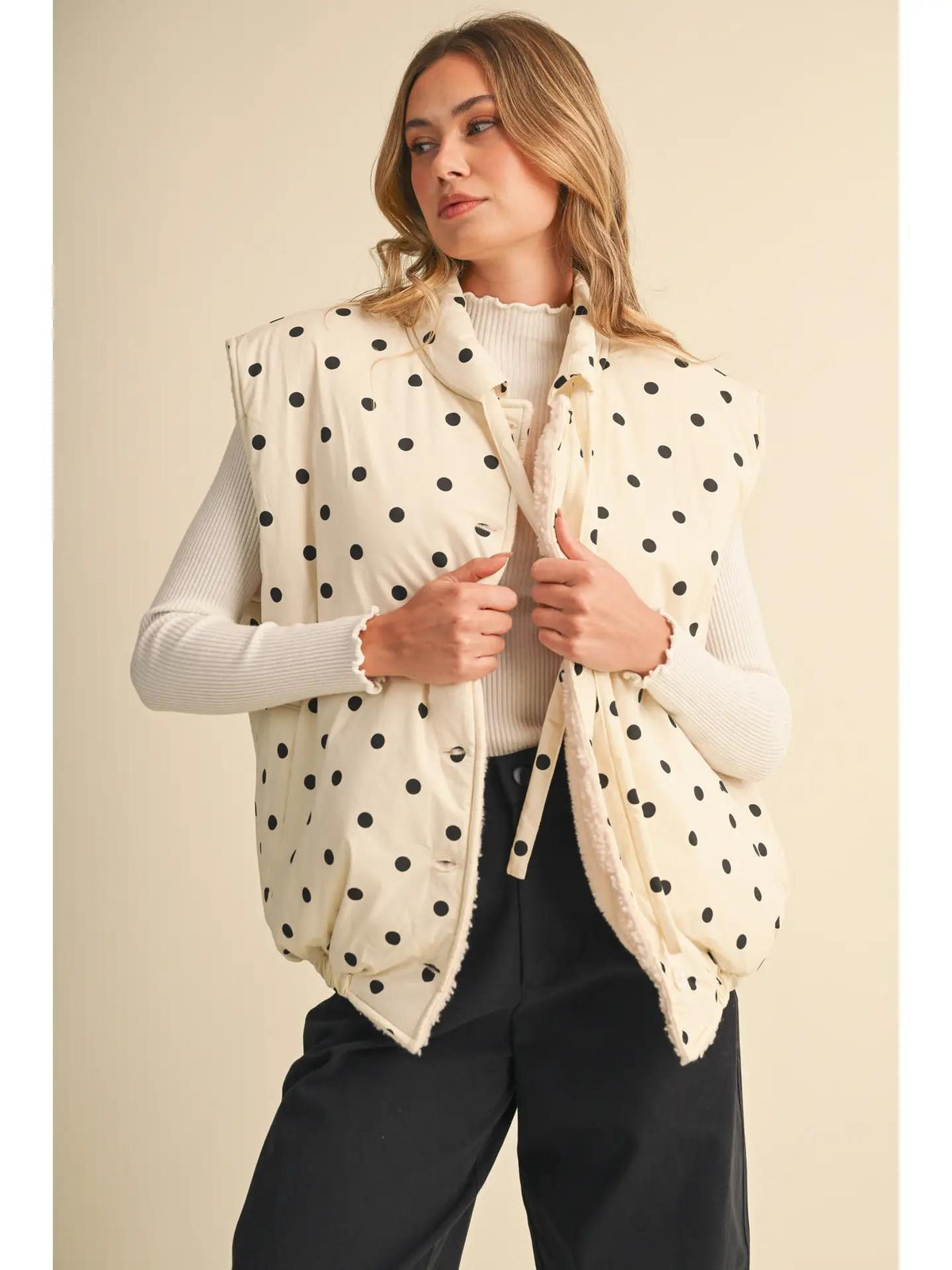 Polka Dot Printed Sherpa Combo Puff Vest