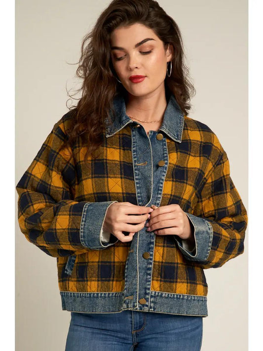 Plaid Denim Jacket- Mustard/Navy